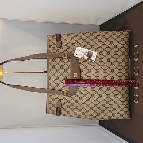 GUCCI ACCESSORIES VINTAGE 70'S WEB SHERRY COATED CANVAS TOTE BAG W SERIAL# - Picture 6 of 17